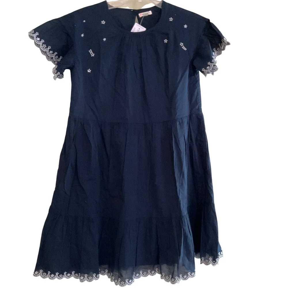 New Crewcuts J Crew Girls‎ Navy Blue Star Embroidered Tiered Dress S 14 Nautical